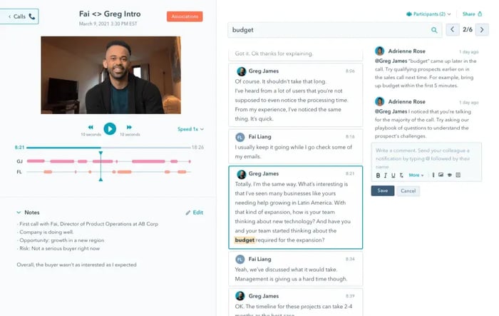team uses hubspot conversation intelligence to improve for saas companies using ai conversation intelligence by leaving specific feedback for reps