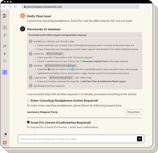 Moveworks AI assistant interface showing automated multi-intent request handling with AI workflow automation tools