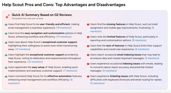 pros and cons summary from helpscout g2 reviews