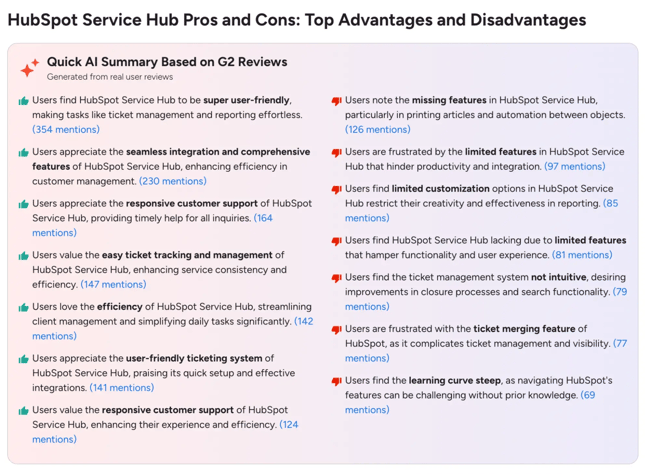 pros and cons summary from hubspot service hub g2 reviews